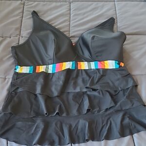 Cacique Black Swim Top with Multi Colored Bright Accent Band
